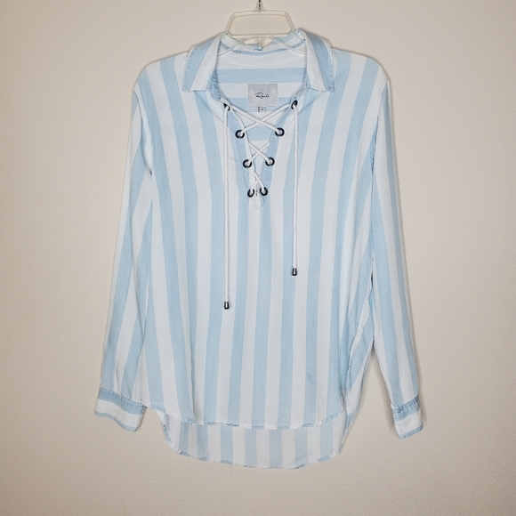 Rails x Anthropologie Uli Blue & White Striped Lace Up Tencel Long Sleeve Shirt - Picture 4 of 10